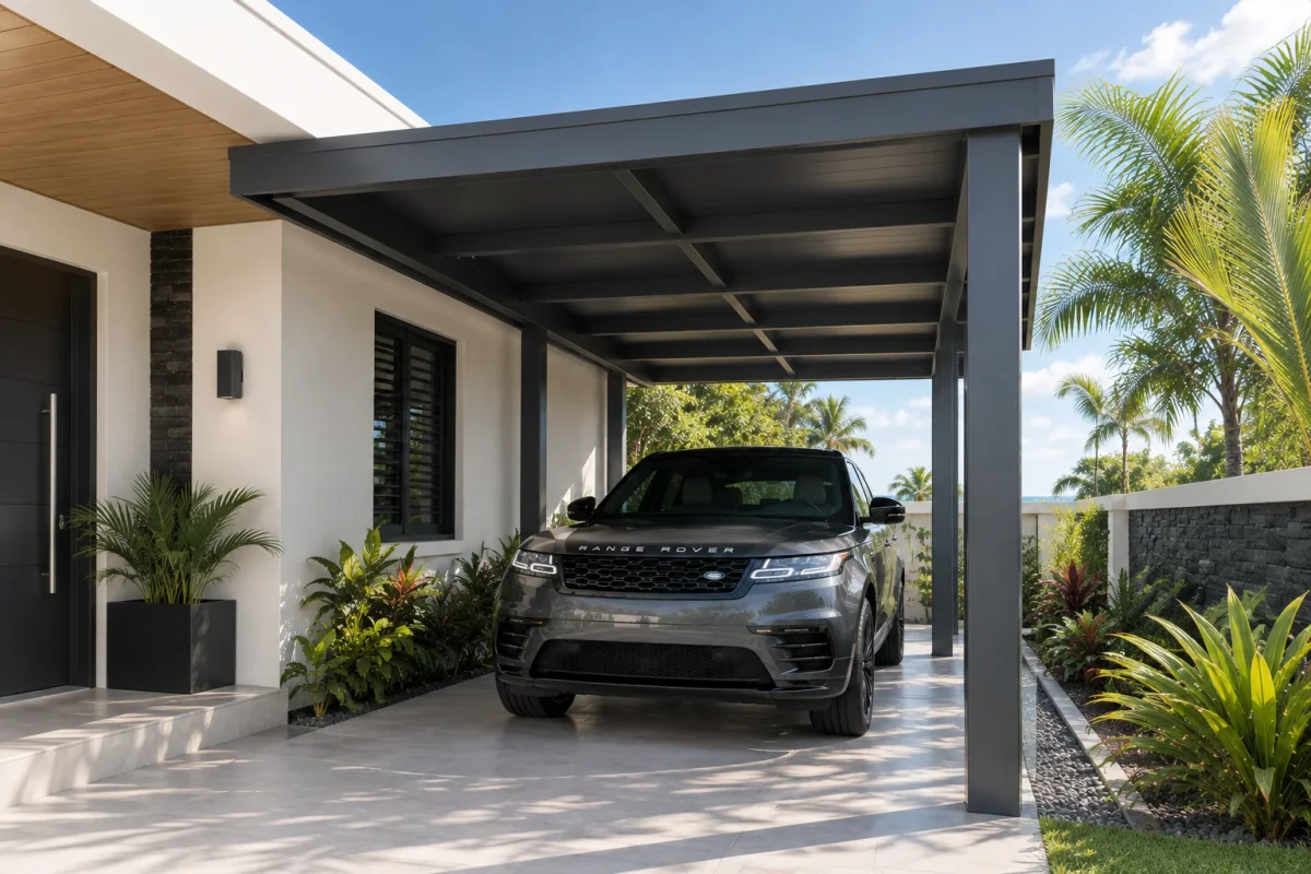 Carport aluminium à toiture plate le long d'une villa, allée paysagée tropicale — GT MAT