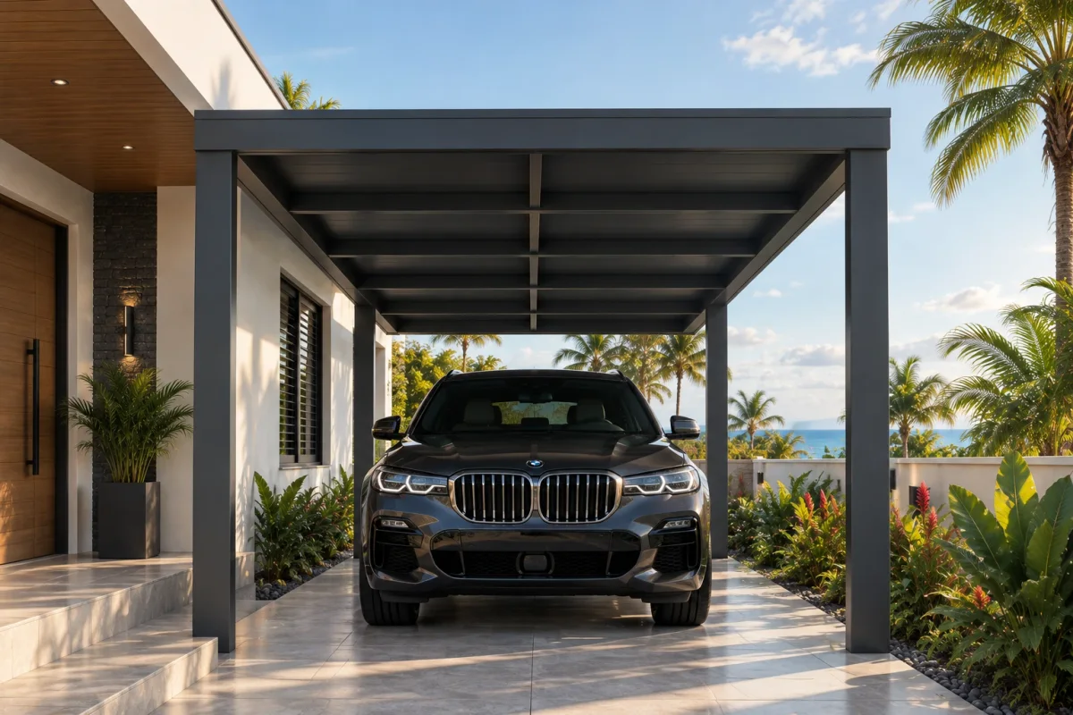 Carport aluminium anthracite sur mesure devant une villa contemporaine aux Antilles — GT MAT
