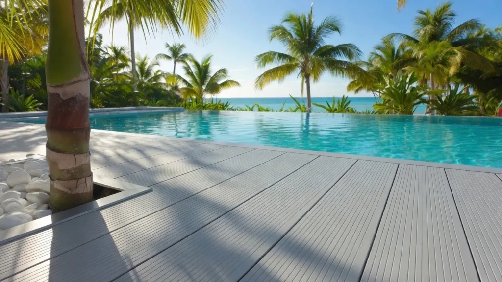 Terrasse contemporaine — villa, Guadeloupe Terrasse aluminium haut de gamme installée dans une villa contemporaine en Guadeloupe