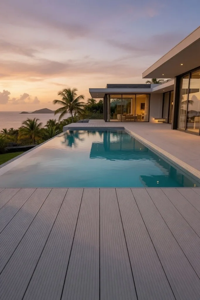 Deck aluminium premium GT MAT — piscine à débordement, Martinique Piscine à débordement et terrasse aluminium premium au crépuscule — villa en Martinique