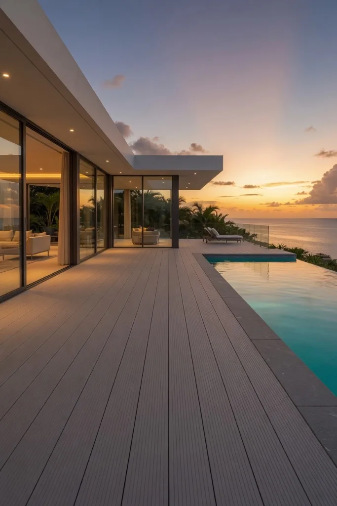 Deck aluminium premium GT MAT — coucher de soleil, Martinique Terrasse aluminium premium au coucher de soleil avec piscine et vue océan — Martinique