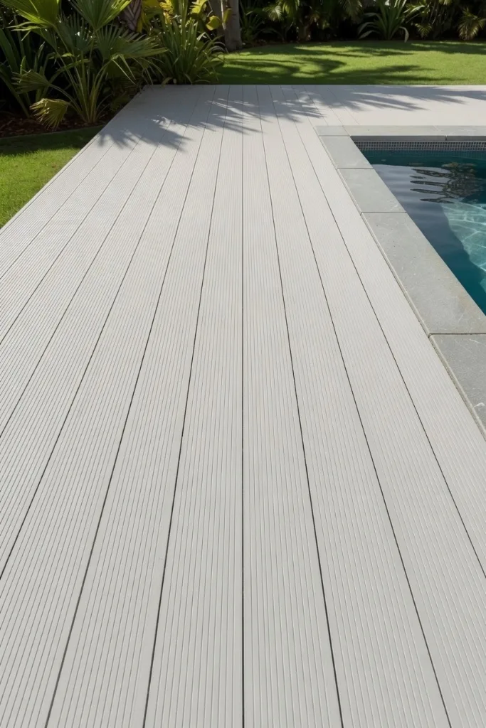 Détail texture deck GT MAT — bord de piscine, Martinique Détail de la texture du deck aluminium le long d'une piscine — Martinique