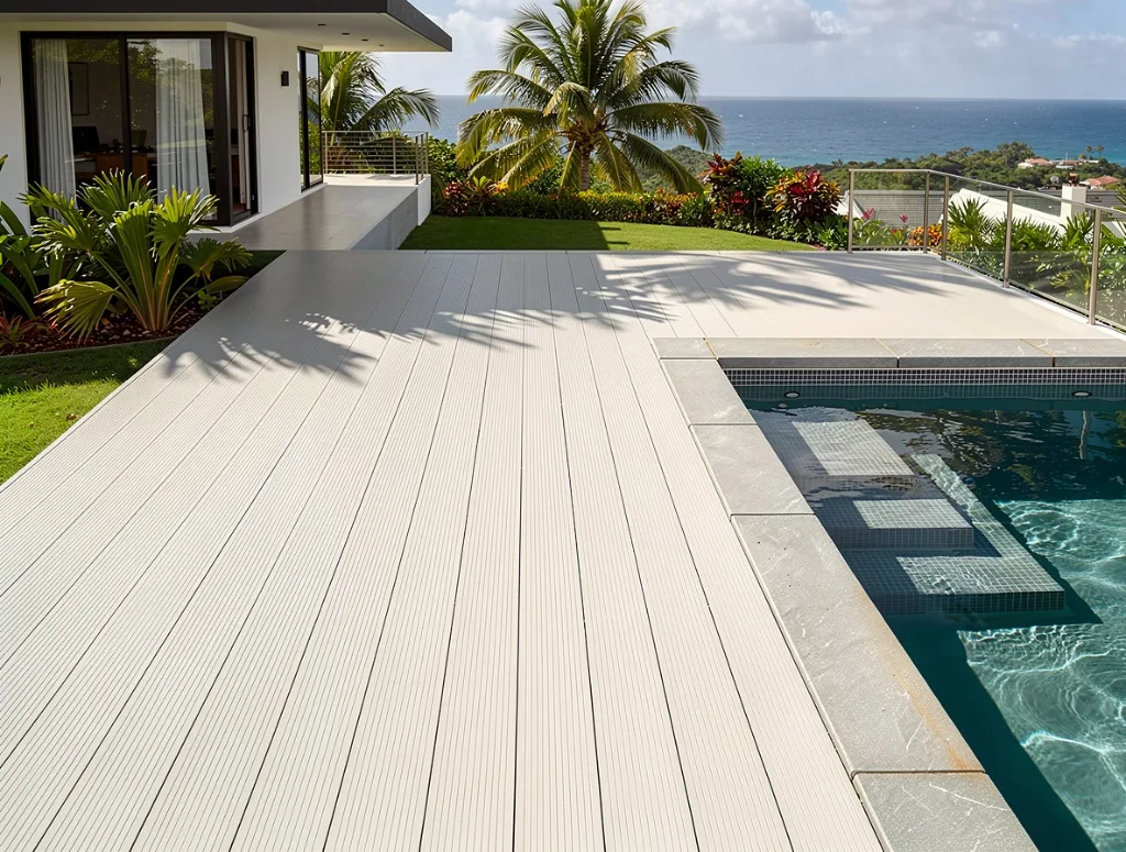 Deck aluminium — résidence bord de mer, Martinique Terrasse aluminium résistante aux embruns marins — résidence bord de mer en Martinique