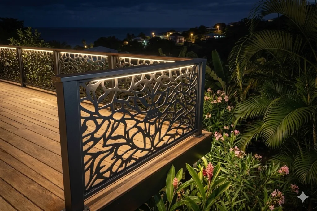 Garde-corps aluminium haut de gamme sur une terrasse en Guadeloupe, réalisé par GT MAT