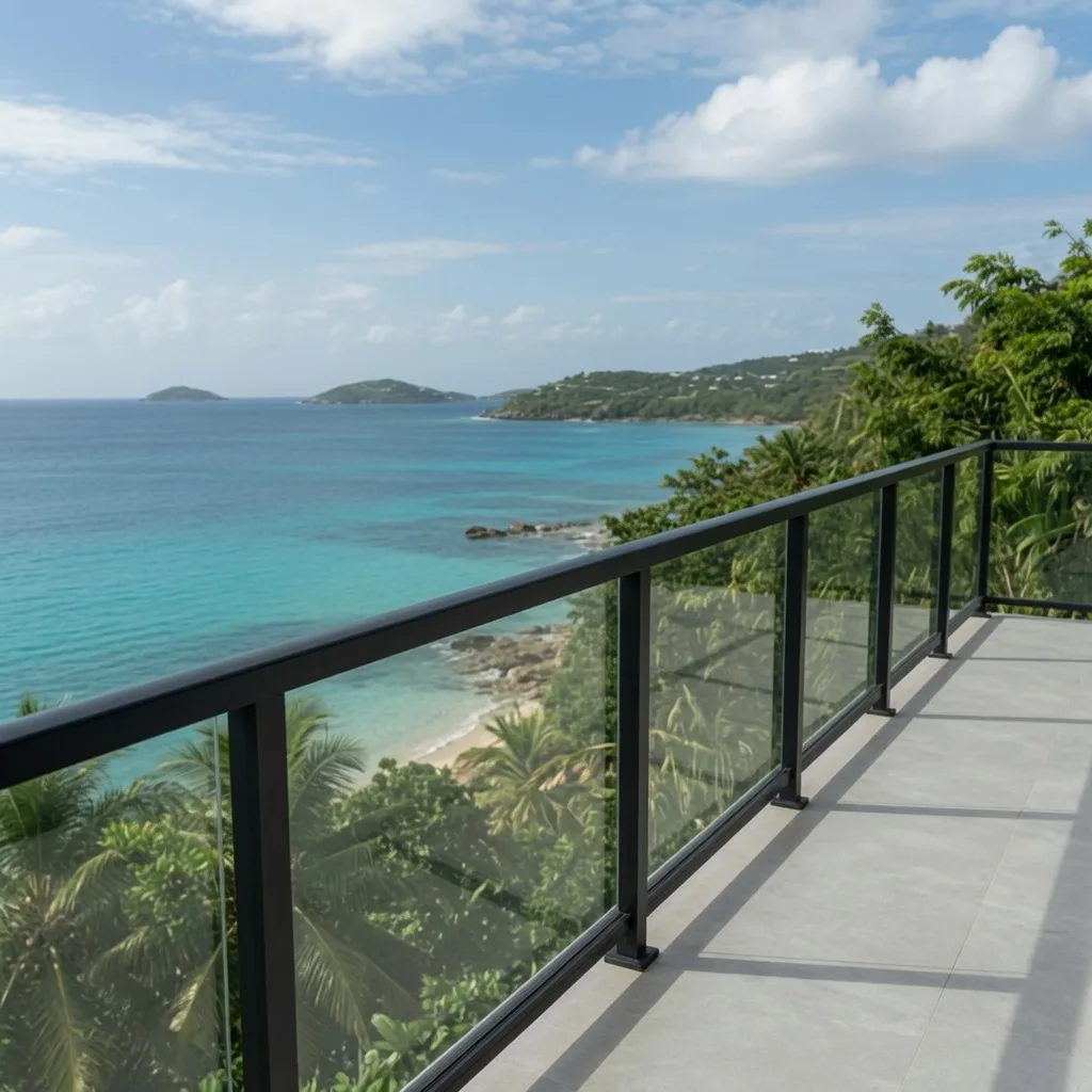 Garde-corps verre — Balcon — Saint-Barthélemy Garde-corps verre aluminium balcon vue mer Saint-Barthélemy Saint-Martin GT MAT