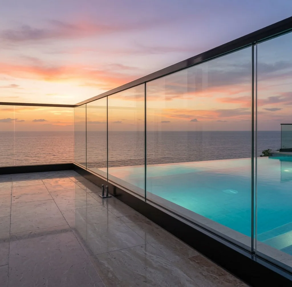 Garde-corps verre — Villa — Martinique Garde-corps verre aluminium terrasse piscine coucher de soleil Martinique Antilles GT MAT