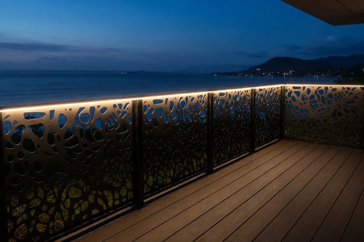 Garde-corps aluminium NOCTIS à découpe organique avec éclairage LED intégré la nuit sur une terrasse en bord de mer — GT MAT