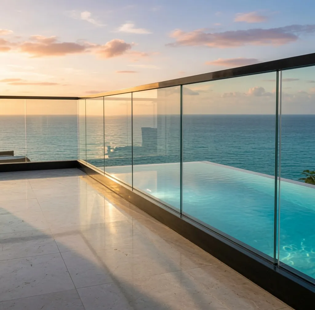 Garde-corps aluminium vitré AERIS bordant une piscine à débordement face à la mer au coucher du soleil — GT MAT