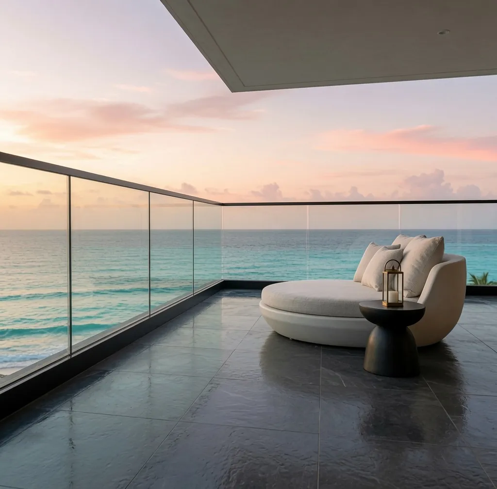 Garde-corps aluminium vitré AERIS sans montant, vue mer sur une terrasse de villa aux Antilles — GT MAT