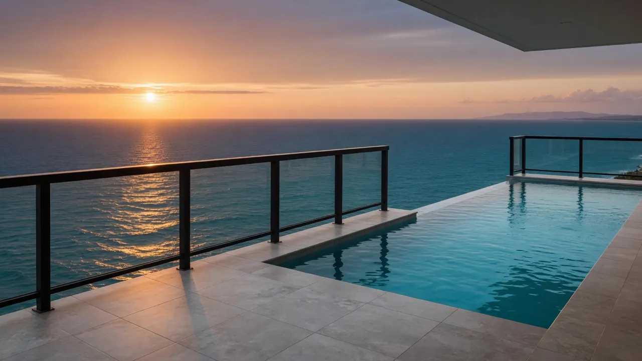 Garde-corps aluminium vitré CLARIS à montants noirs bordant une piscine à débordement face à la mer au coucher du soleil en Martinique — GT MAT