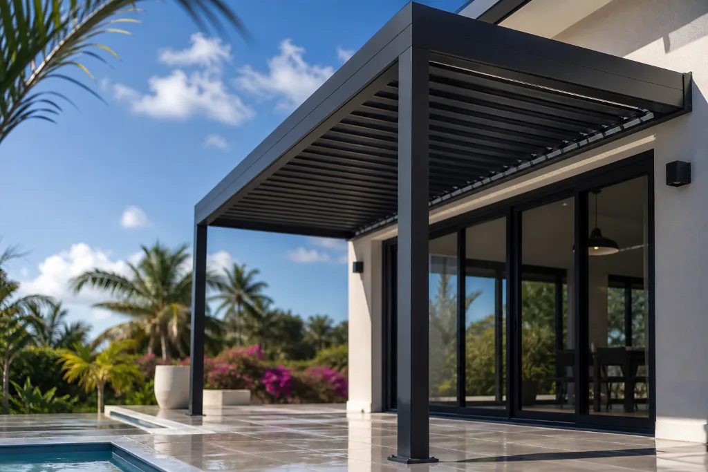 Pergola bioclimatique — Pergola adossée — Antilles Pergola bioclimatique aluminium adossée noire villa tropicale Martinique Guadeloupe GT MAT