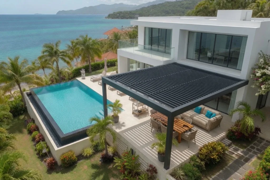 Pergola bioclimatique — Villa — Antilles Pergola bioclimatique aluminium noire villa piscine infinity vue mer Antilles GT MAT