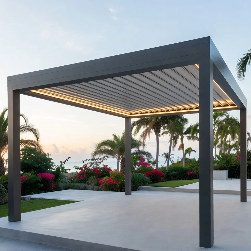 Pergola bioclimatique — Pergola bioclimatique — Guadeloupe Pergola bioclimatique aluminium lames orientables éclairage LED Guadeloupe Martinique GT MAT