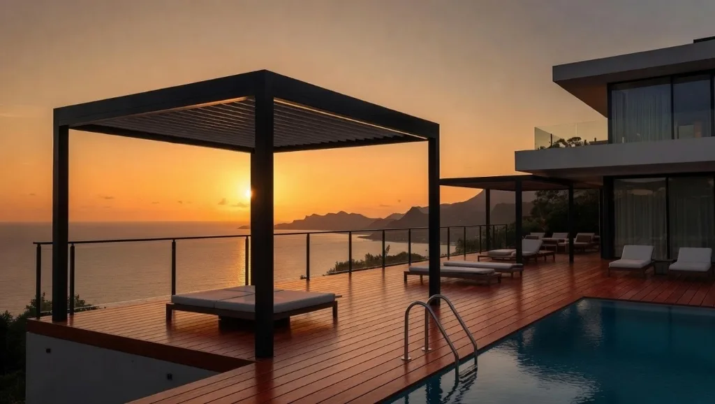 Pergola bioclimatique aluminium haut de gamme valorisant une villa aux Antilles