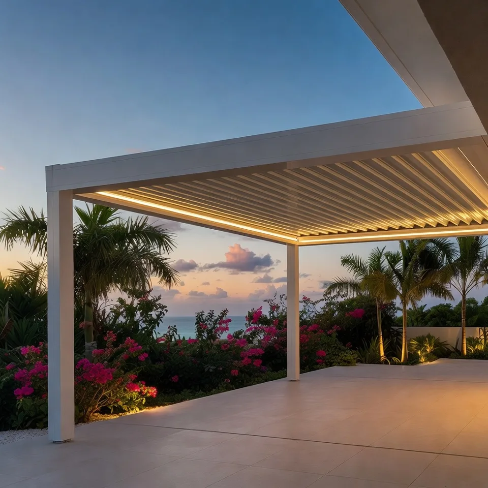 Pergola bioclimatique — Pergola bioclimatique — Martinique Pergola bioclimatique aluminium blanche éclairage LED terrasse coucher soleil Martinique GT MAT