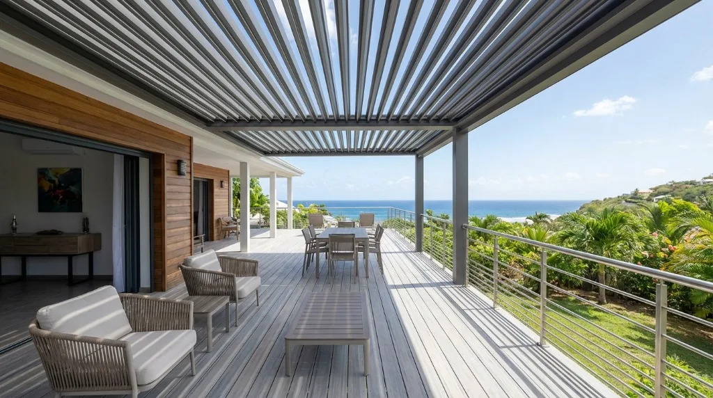 Pergola bioclimatique — Pergola bioclimatique — Baie-Mahault Pergola bioclimatique aluminium lames orientables terrasse bois vue mer Baie-Mahault GT MAT