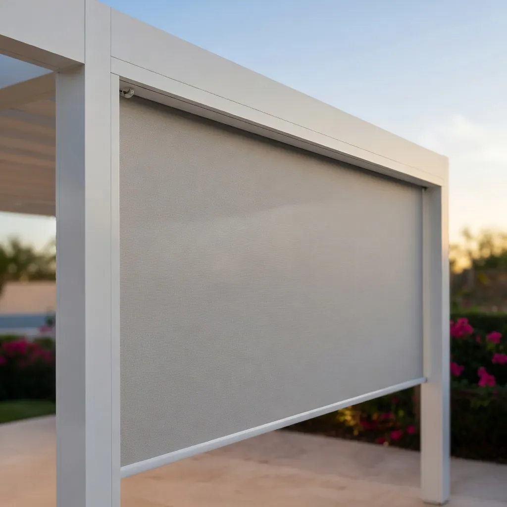 Store de façade en toile textilène déroulé sur une pergola aluminium blanche — GT MAT Antilles