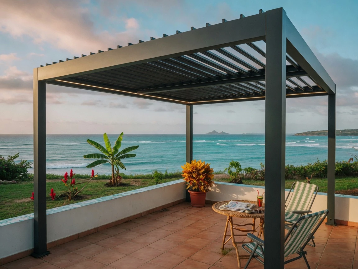 Pergola bioclimatique PALMA avec éclairage LED intégré face à la mer au coucher du soleil en Guadeloupe — réalisation GT MAT
